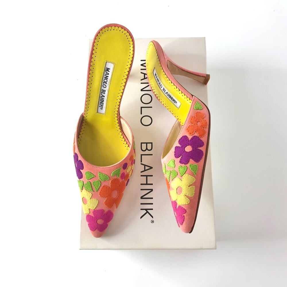 NIB Vintage Manolo Blahnik Floral Pastel Pointed Toe Heeled Mule Pumps 35.5 - Picture 2 of 7